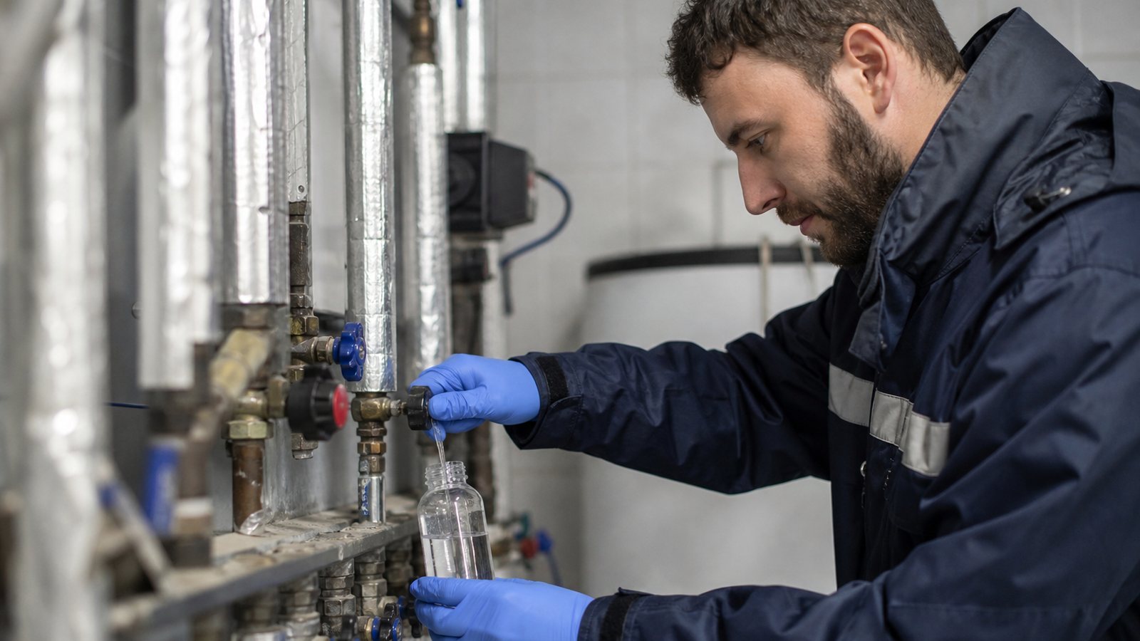 Préleveur remplissant un flacon stérile à une douche pour une recherche de légionelle en laboratoire